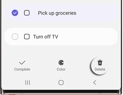 Reminder selected with the Delete option highlighted on a Galaxy phone